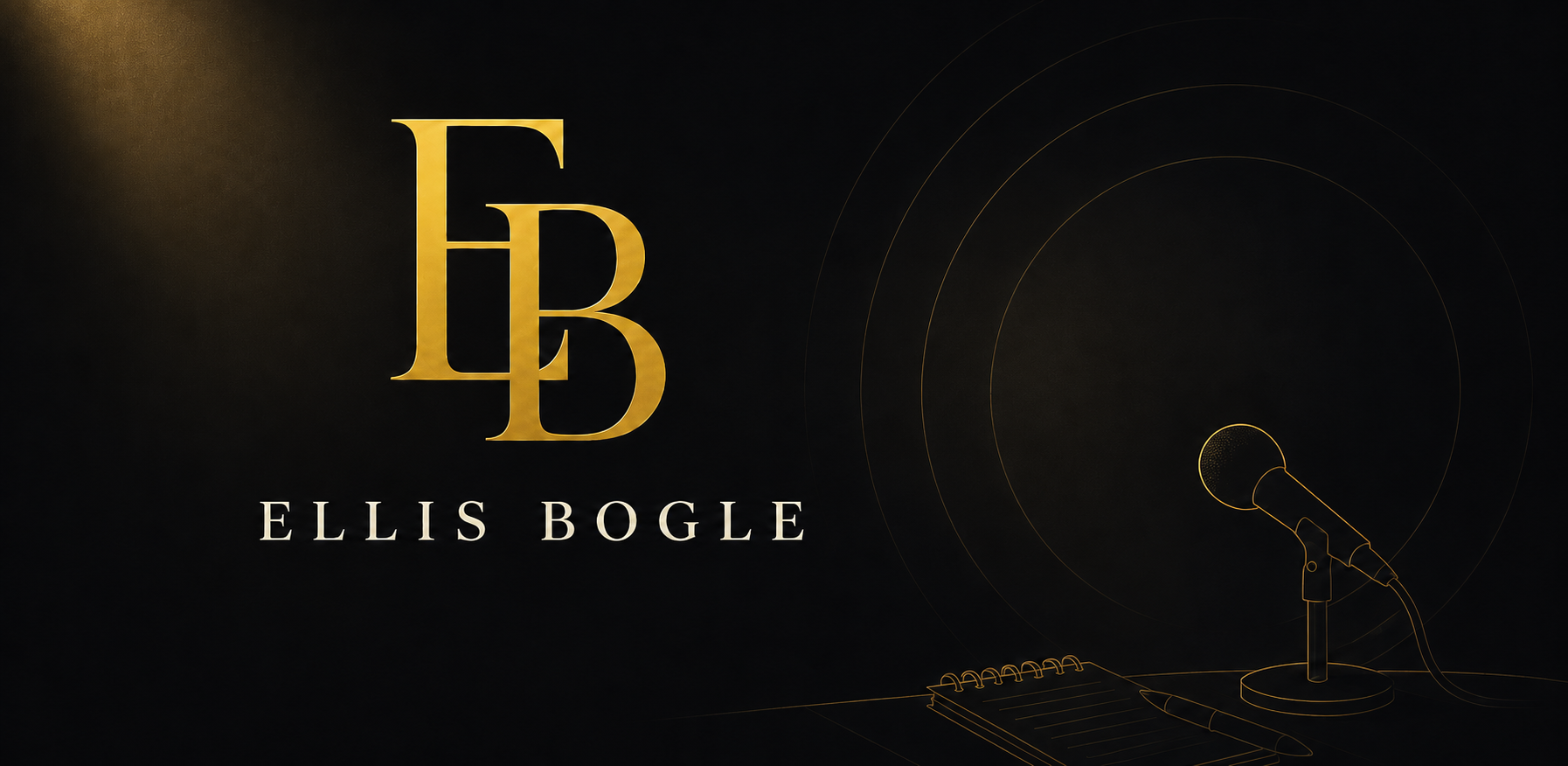 Ellis Bogle. Gold EB monogram and a subtle microphone illustration.